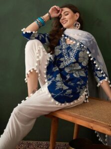 Blue Floral Printed Mirror Work Pure Cotton Kurta With Dhoti Pant & Dupatta