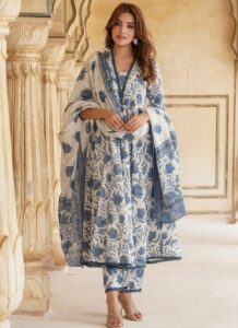 Floral Printed Anarkali Pure Cotton Kurta with Trousers & Dupatta